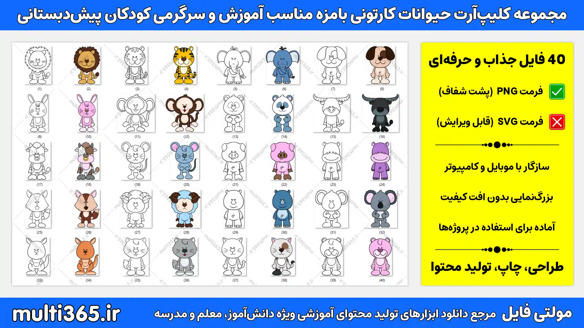 دانلود ۴۰ کلیپ‌آرت حیوانات کارتونی بامزه مناسب آموزش و سرگرمی کودکان پیش‌دبستانی